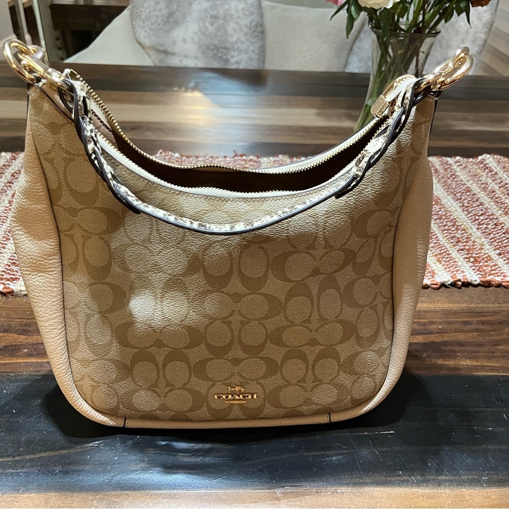 Coach Tan Shoulder Bag with Curved Shape and Textured Fabric